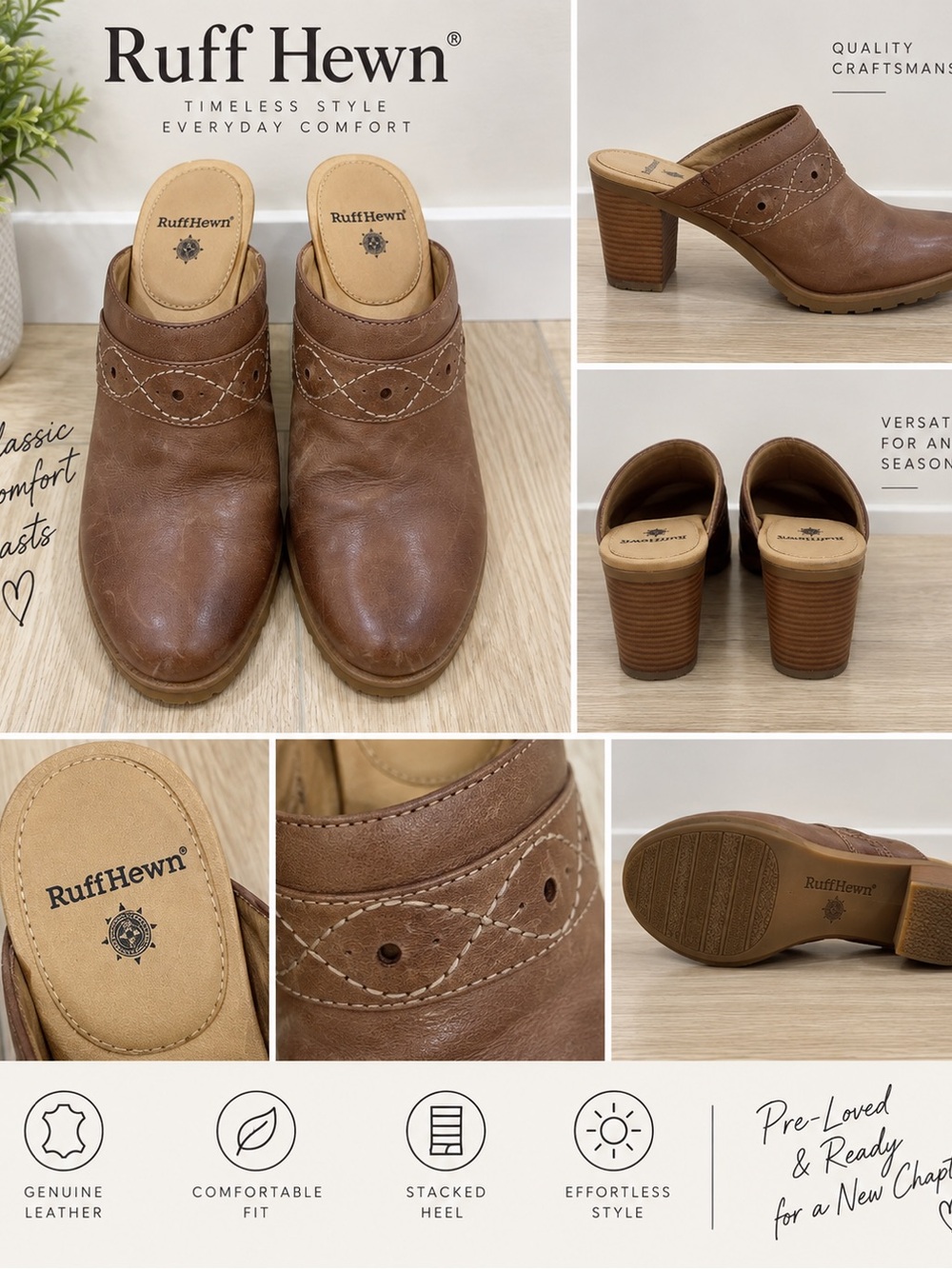 Ruff Hewn Brown Leather Stacked-Heel Mules Slip On Clogs Casual Boho Vintage 6